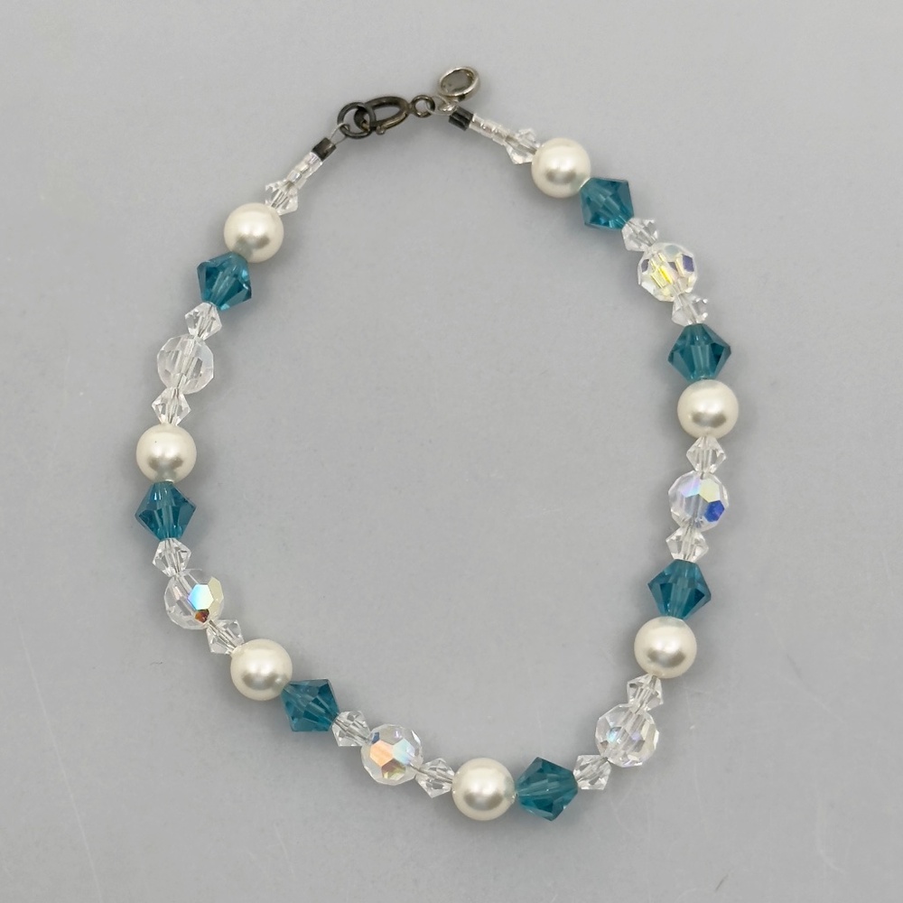 Hand Made Sterling silver pearl & crystal bead bracelet - GM1058